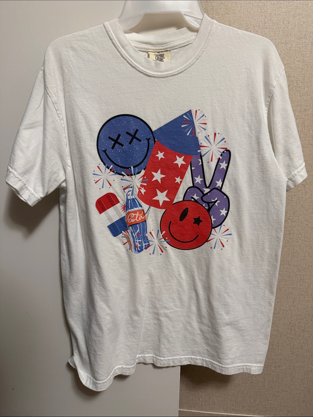 Women’s White Graphic Tee with Red & Blue Party Icons